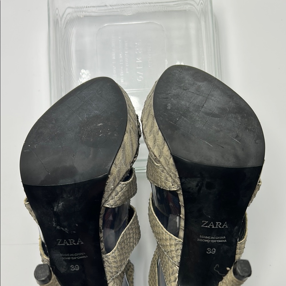 Zara Tan High Stiletto Heel Strappy Sandals 39 Beige Snakeskin Buckle Open Toe - Picture 6 of 16